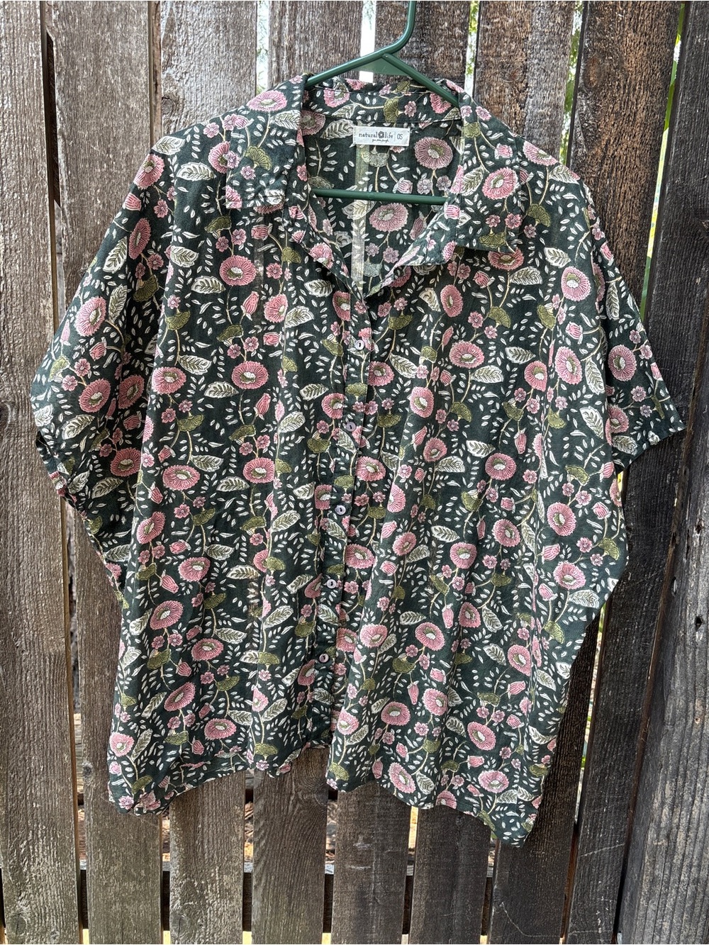 Natural Life Kelly Oversized Floral Cotton Button Front Shirt In Green & Pink OS